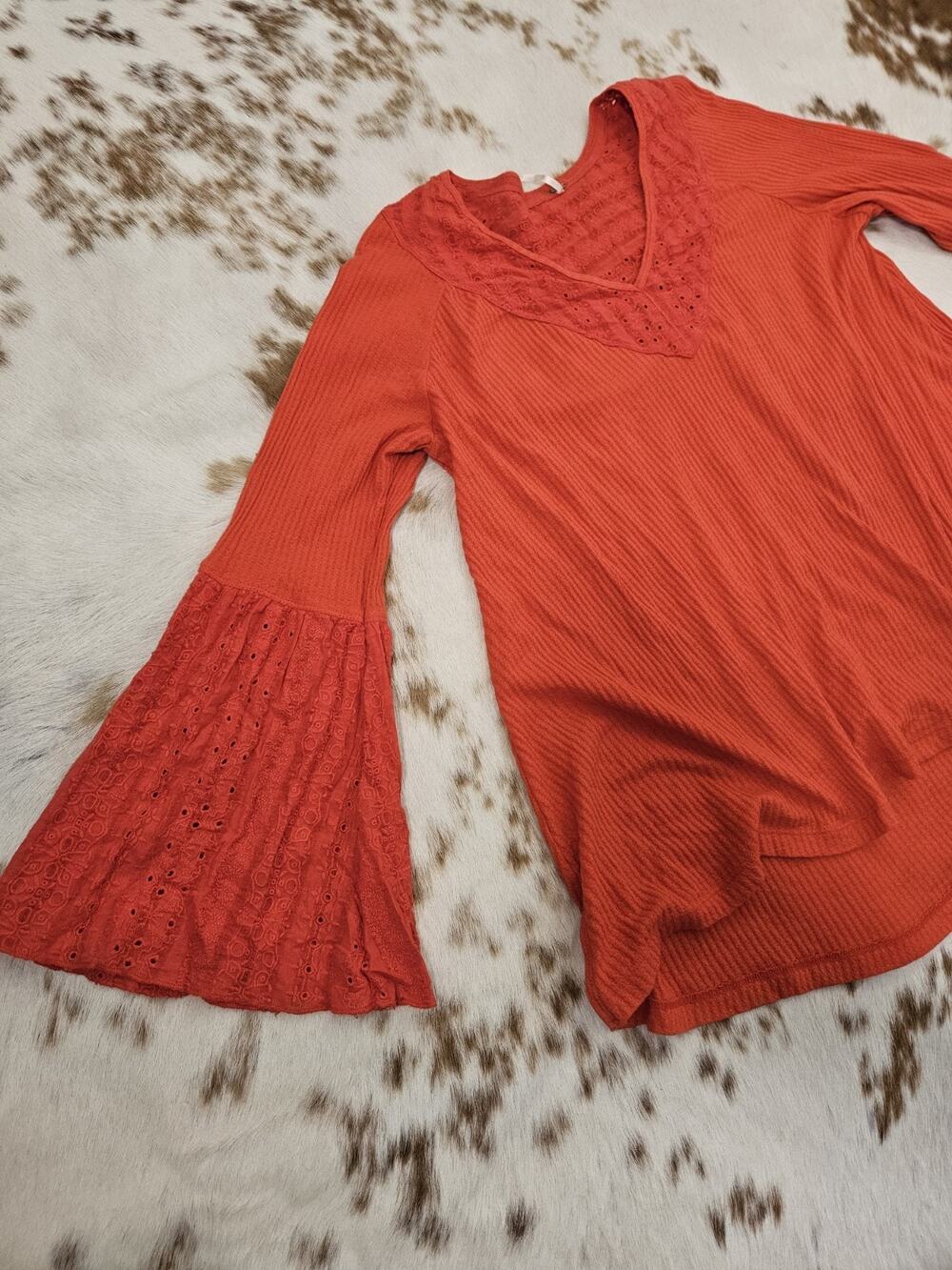 Free People Parisian Nights Thermal Lace Bell Sleeve Top Orange Rust Size L